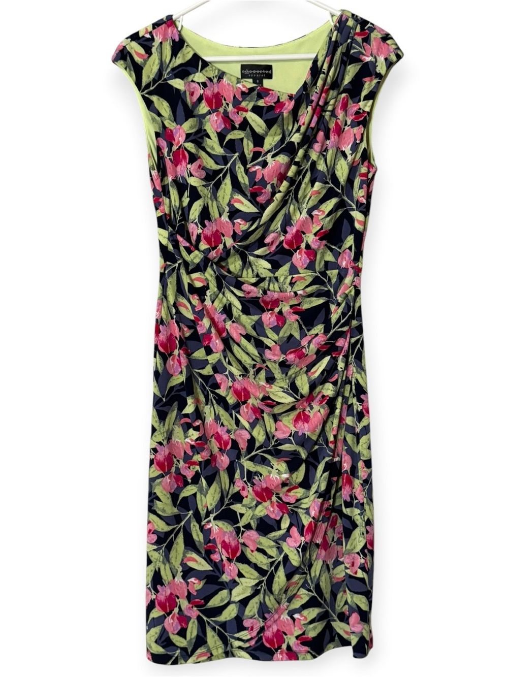 Connected Apparel Sheath Dress Women Size 8 Runched Front Unlined Stretch Floral